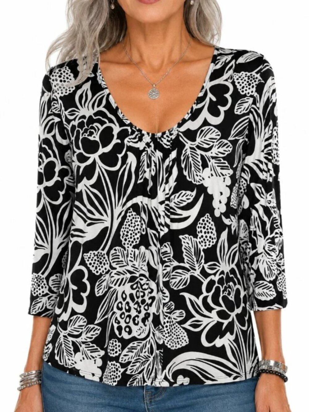 Black & White Floral Stretch Top - Non-Wrinkle